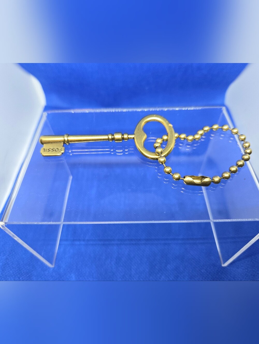 Vintage Fossil Brass Skeleton Key Purse Charm Bag Tag Ball Chain Keychain Fob 3"